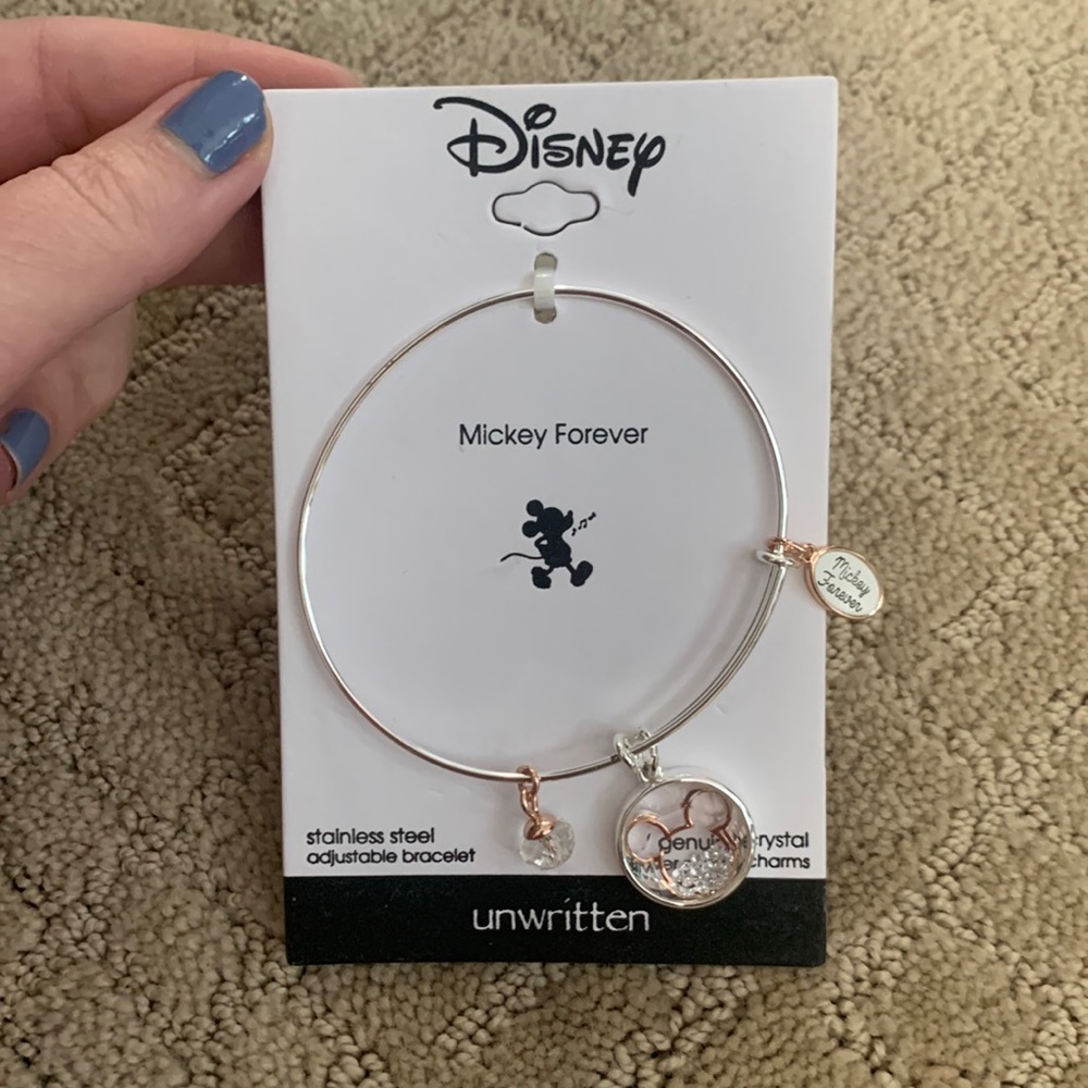DISNEY Crystal Mickey Mouse Charm Bangle Bracelet in Stainless Steel & Rose Gold